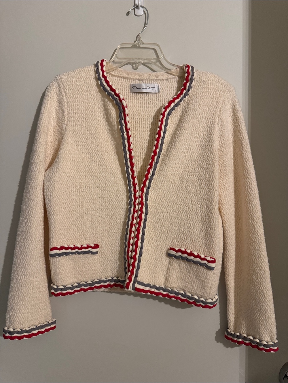 Oscar de la Renta Cream Bouclé Cardigan with Red & Gray Braided Trim